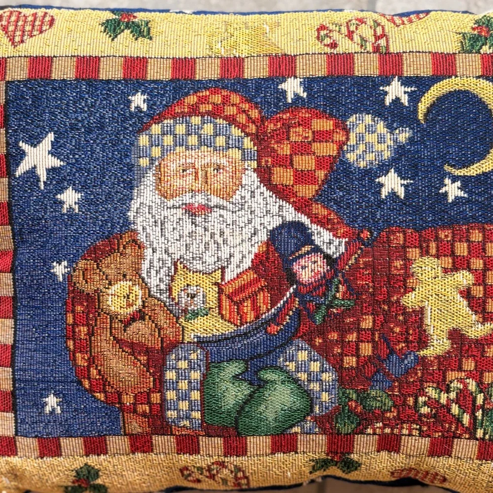 Vintage Christmas Santa Claus Tapestry Throw Pillow Teddy Bear Starry Night Bag
